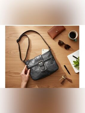 Aldo Black Vegan Leather Crossbody Bag Small Lightweight Purse‎ Buckle Silver